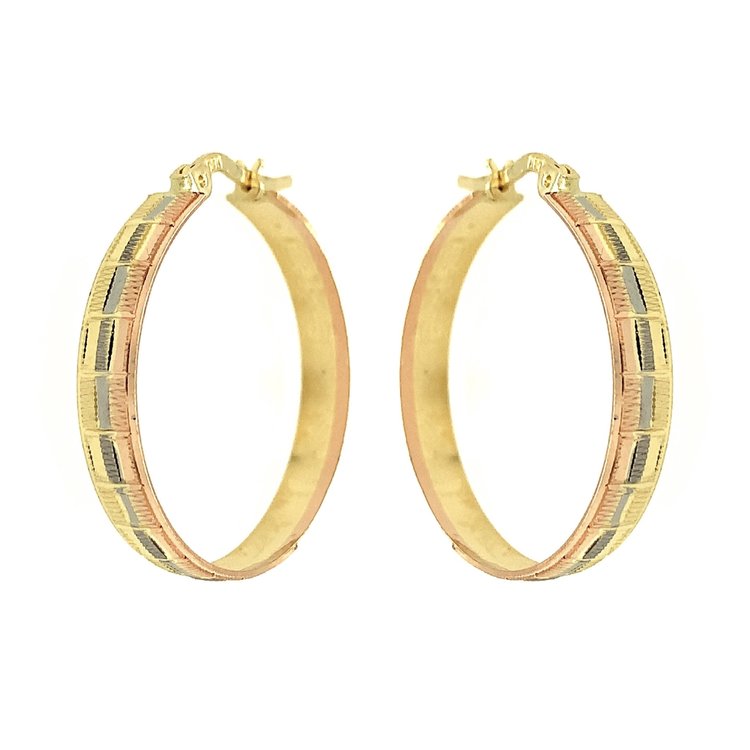 30430 14K TRI COLOR 4.4MM 1.25" DIAMOND CUT CHECKERED DESIGN HOOPS