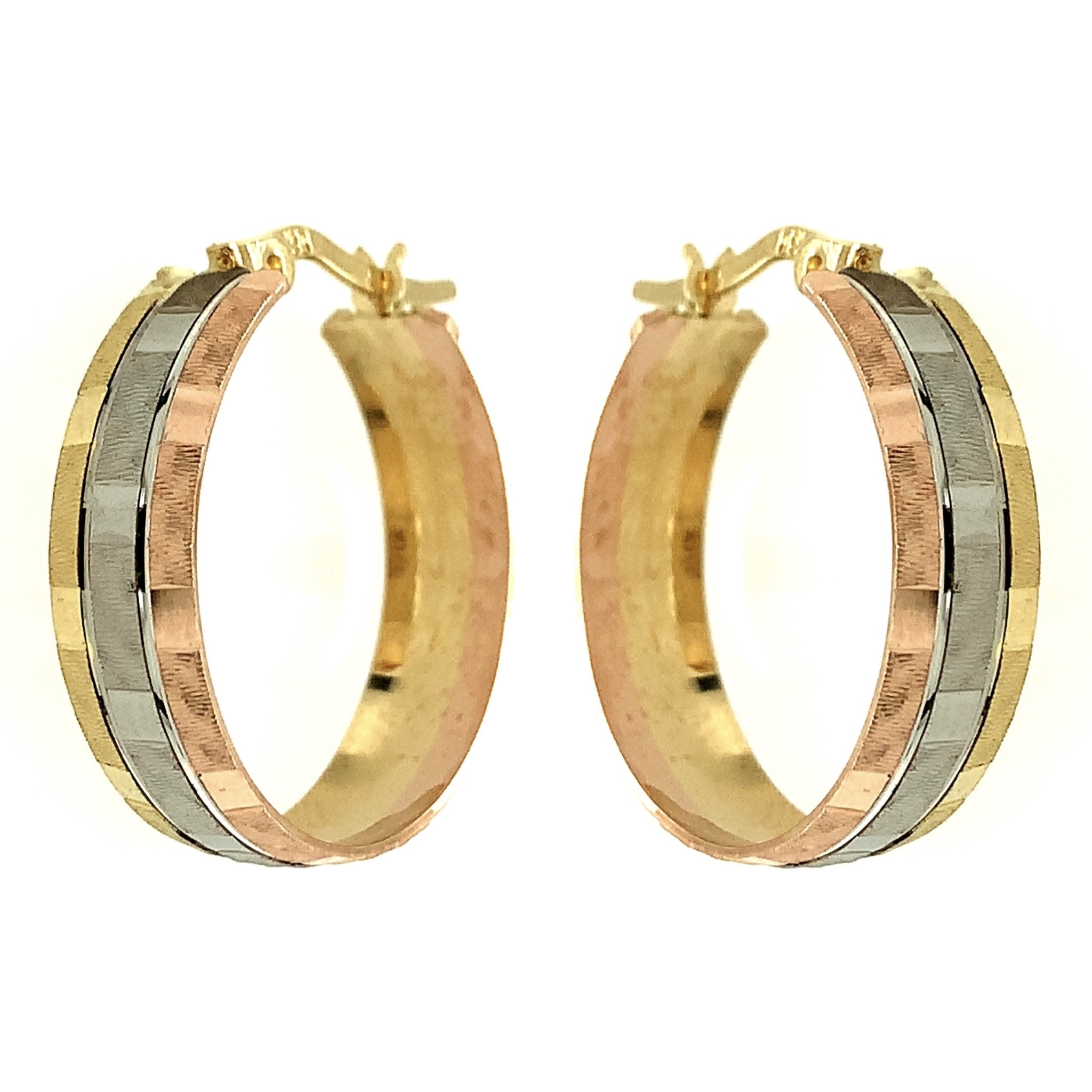 30435 14K TRI COLOR 6MM 0.8" DIAMOND CUT CHECKERED DESIGN HOOPS