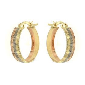 30439 14K TRI COLOR 4.3MM 0.6" DIAMOND CUT STRIPED PATTERN DESIGN HOOPS