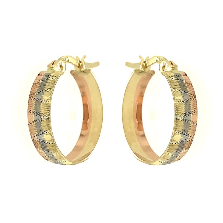 30439 14K TRI COLOR 4.3MM 0.6" DIAMOND CUT STRIPED PATTERN DESIGN HOOPS