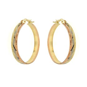 30434 14K TRI COLOR 4.3MM 1" DIAMOND CUT SWIRL DESIGN HOOPS