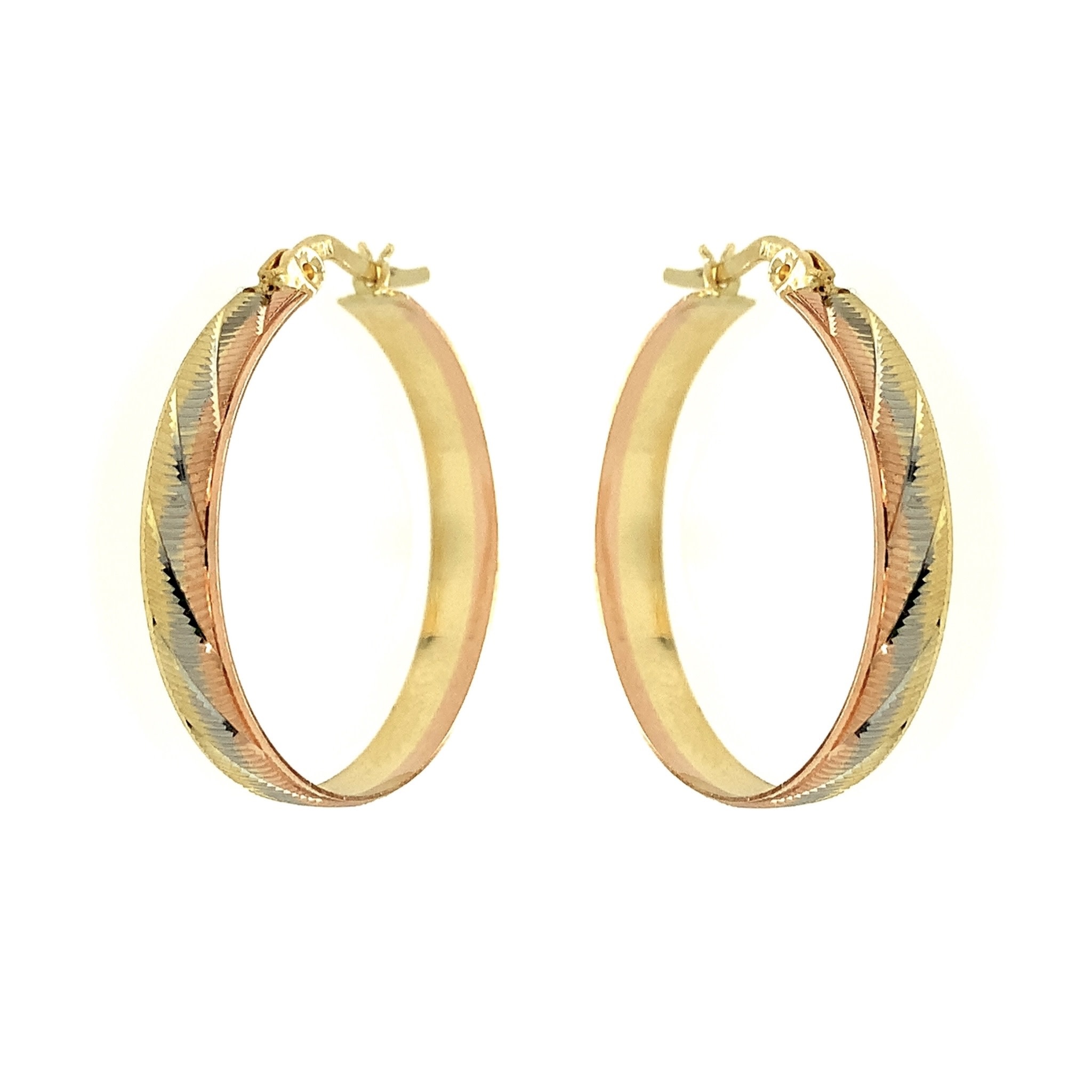 30434 14K TRI COLOR 4.3MM 1" DIAMOND CUT SWIRL DESIGN HOOPS