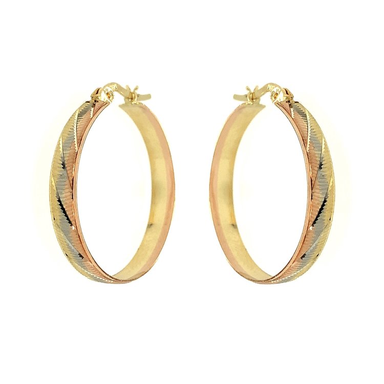 30434 14K TRI COLOR 4.3MM 1" DIAMOND CUT SWIRL DESIGN HOOPS
