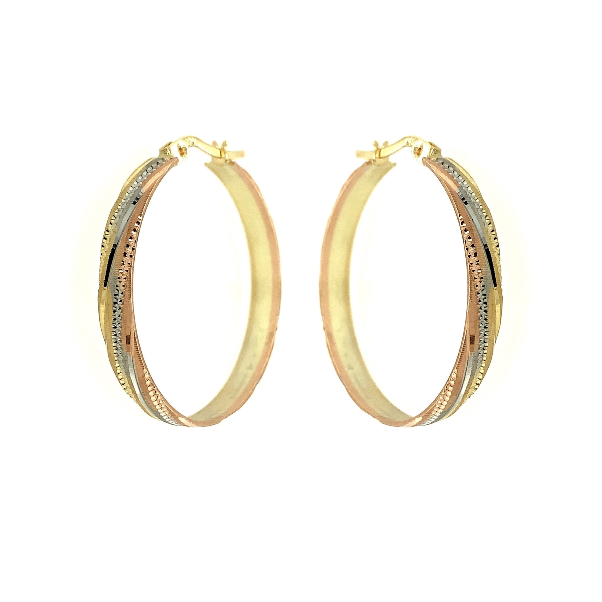 30432 14K TRI COLOR 4.4MM 1.25" DIAMOND CUT SWIRL DESIGN HOOPS
