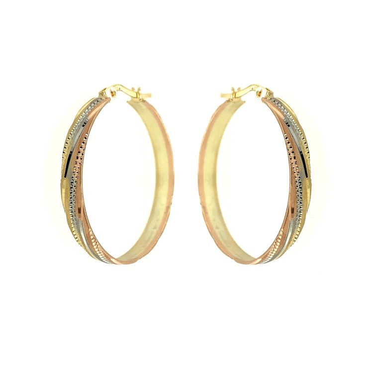 30432 14K TRI COLOR 4.4MM FLAT 1.25" DIAMOND CUT SWIRL DESIGN HOOPS