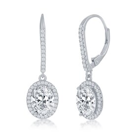 D-7500 STERLING SILVER OVAL CUBIC ZIRCONIA HALO DANGLING LEAVERBACK EARRINGS