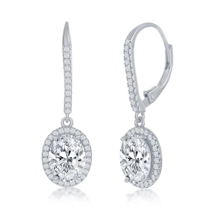 D-7500 STERLING SILVER OVAL CUBIC ZIRCONIA HALO DANGLING LEAVERBACK EARRINGS