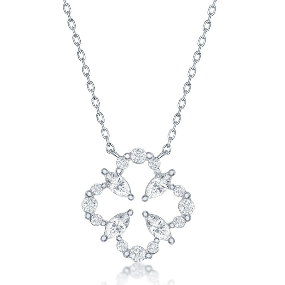 M-6594 STERLING SILVER ROUND & MARQUISE SHAPE CUBIC ZIRCONIA OPEN CLOVER NECKLACE M-6594 STERLING SILVER ROUND & MARQUISE SHAPE CUBIC ZIRCONIA OPEN CLOVER NECKLACE