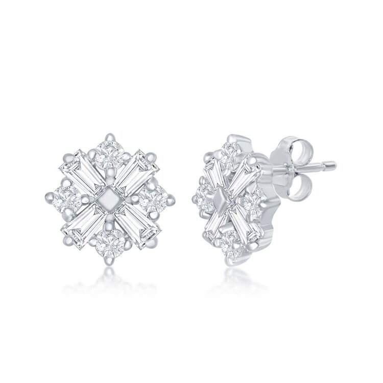 D-7201 STERLING SILVER BAGUETTE & ROUND CUBIC ZIRCONIA STUD EARRINGS