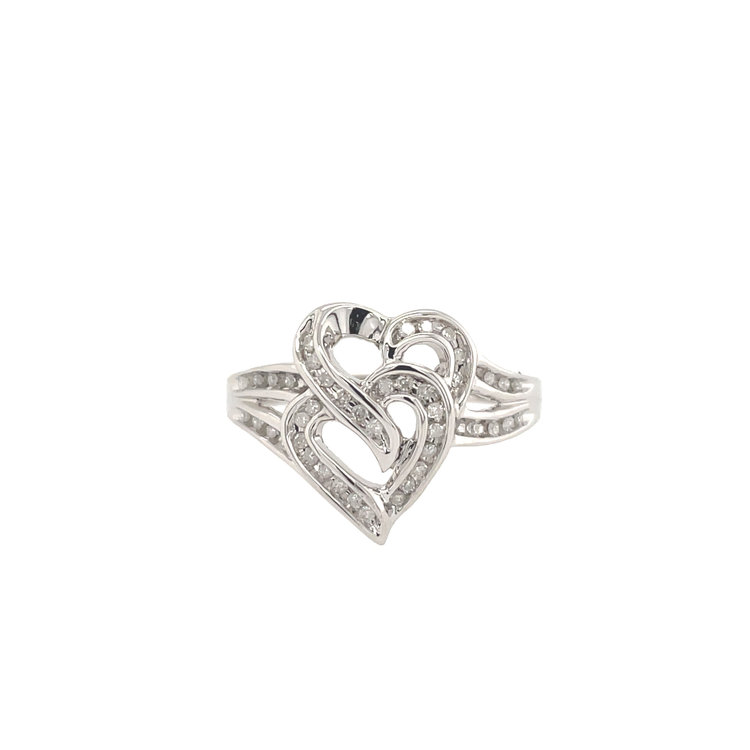 40084 10K WHITE GOLD .15TCW DIAMOND CHANNEL SET DOUBLE OPEN HEART SPLIT SHANK RING
