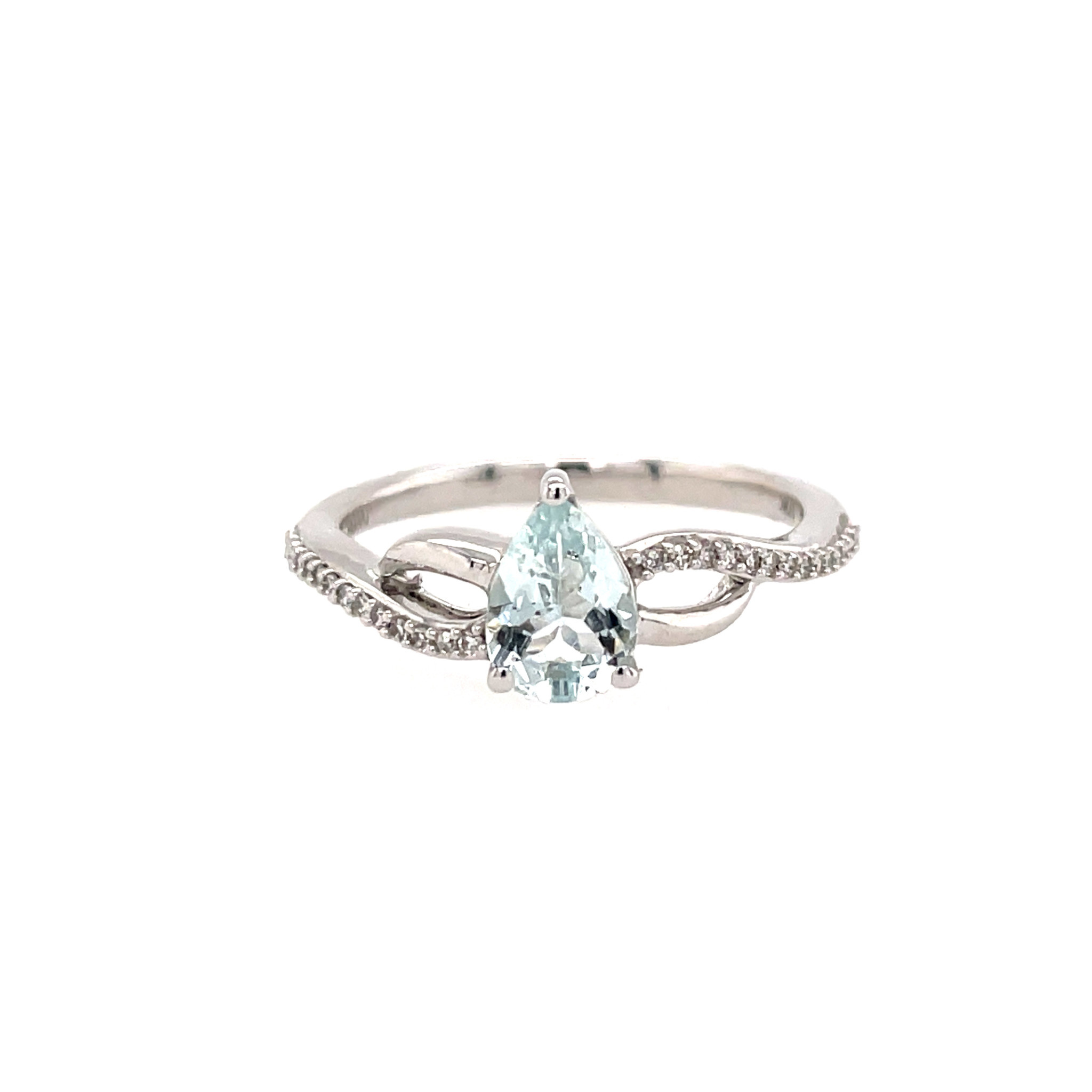 40089 10K WHITE GOLD PEAR SHAPE AQUAMARINE .10TCW DIAMOND INFINITY SWIRL RING