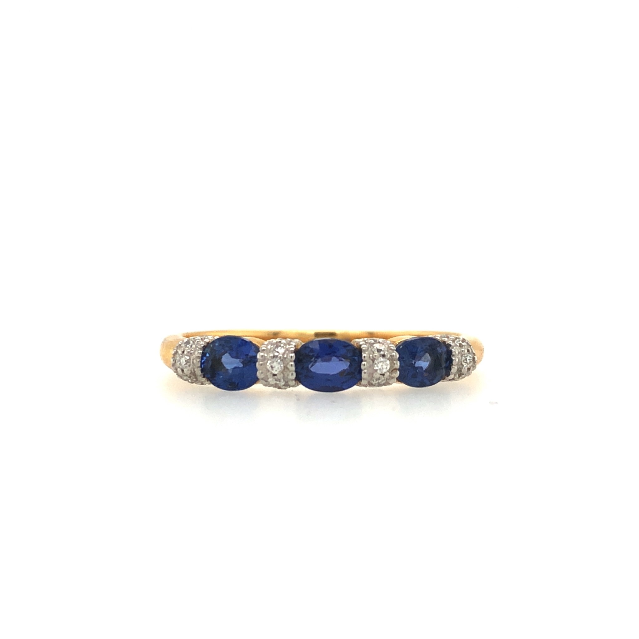40108 14K 2 TONE .20TCW 3 OVAL BLUE SAPPHIRE WITH .08TCW DIAMOND BAR RING