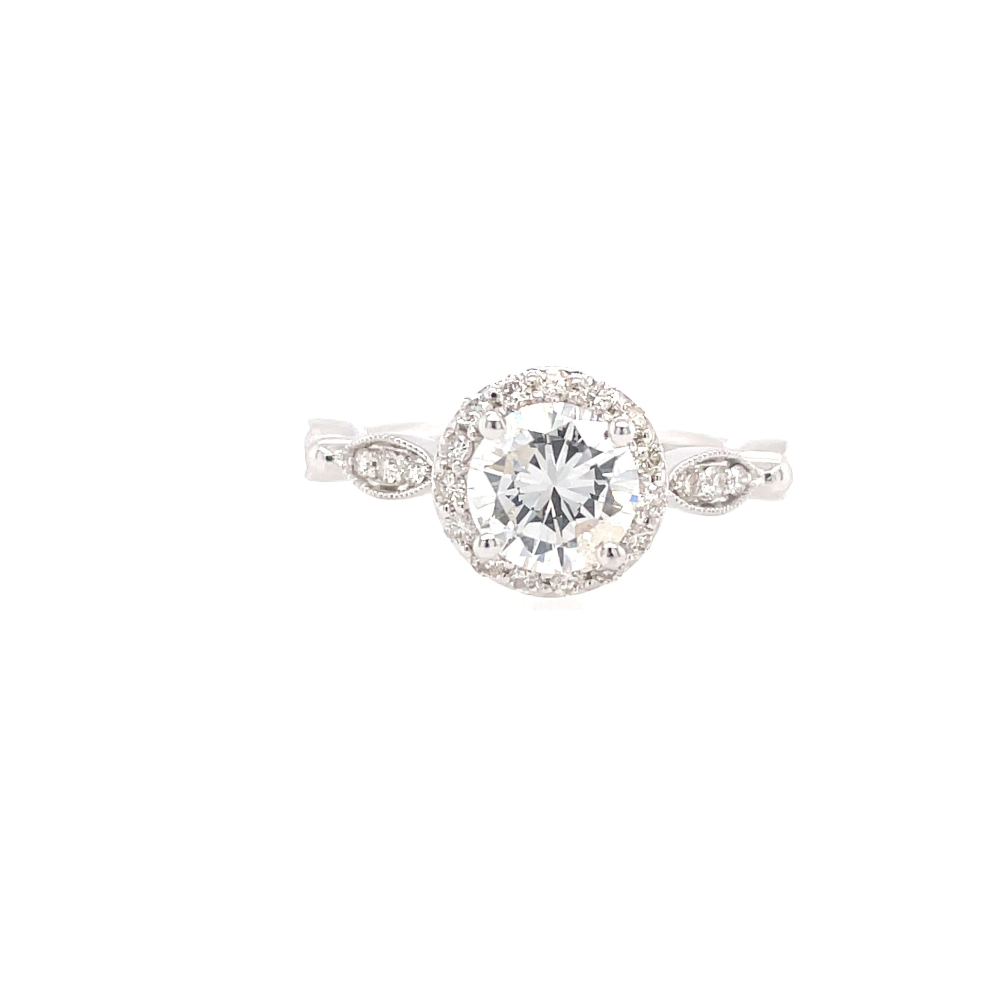 475581 14K WHITE GOLD 1.04 E SI1 ROUND CENTER HALO MARQUIS MILIGRAIN DESIGN ENGAGEMENT RING