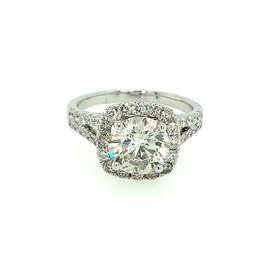 475064 14K WHITE GOLD 1.96 CT J I1 ROUND DIAMOND CENTER WITH CUSHION HALO .75TCW SPLIT SHANK ENGAGEMENT RING