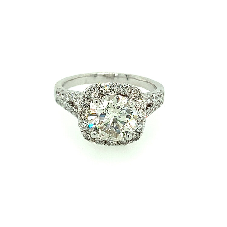 475064 14K WHITE GOLD 1.96 CT J I1 ROUND DIAMOND CENTER WITH CUSHION HALO .75TCW SPLIT SHANK ENGAGEMENT RING