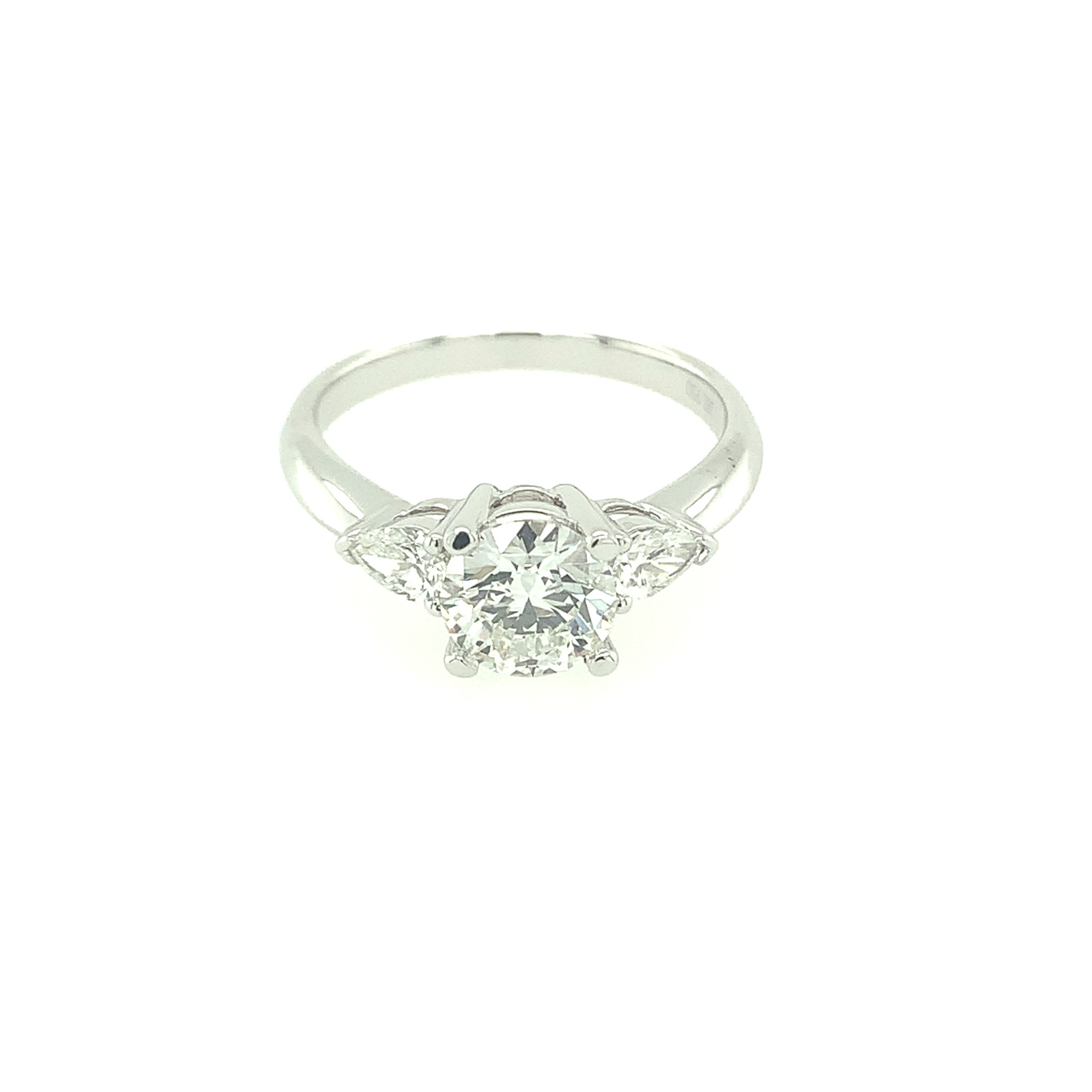 477688 18K WHITE GOLD ROUND DIAMOND CENTER .25TCW PEAR SIDE STONE ENG RING WITH 1.03 I SI2 ROUND DIAMOND