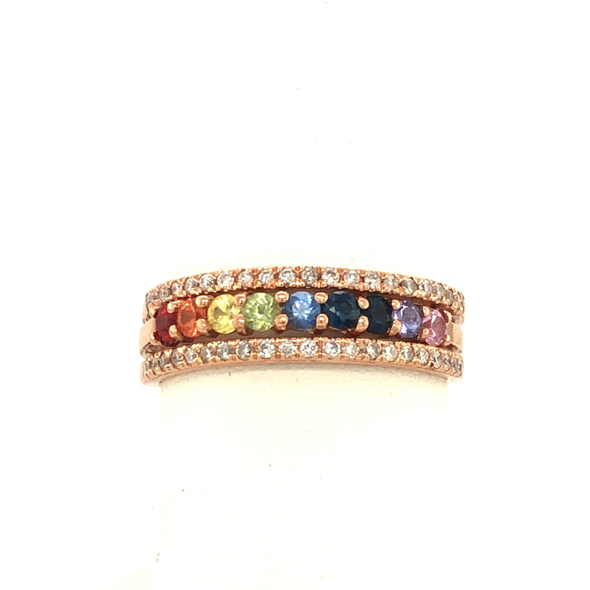 40103 14K ROSE GOLD DIAMOND EDGES AND MULTI COLOR RAINBOW PATTERN GEMSTONE CENTER BAND
