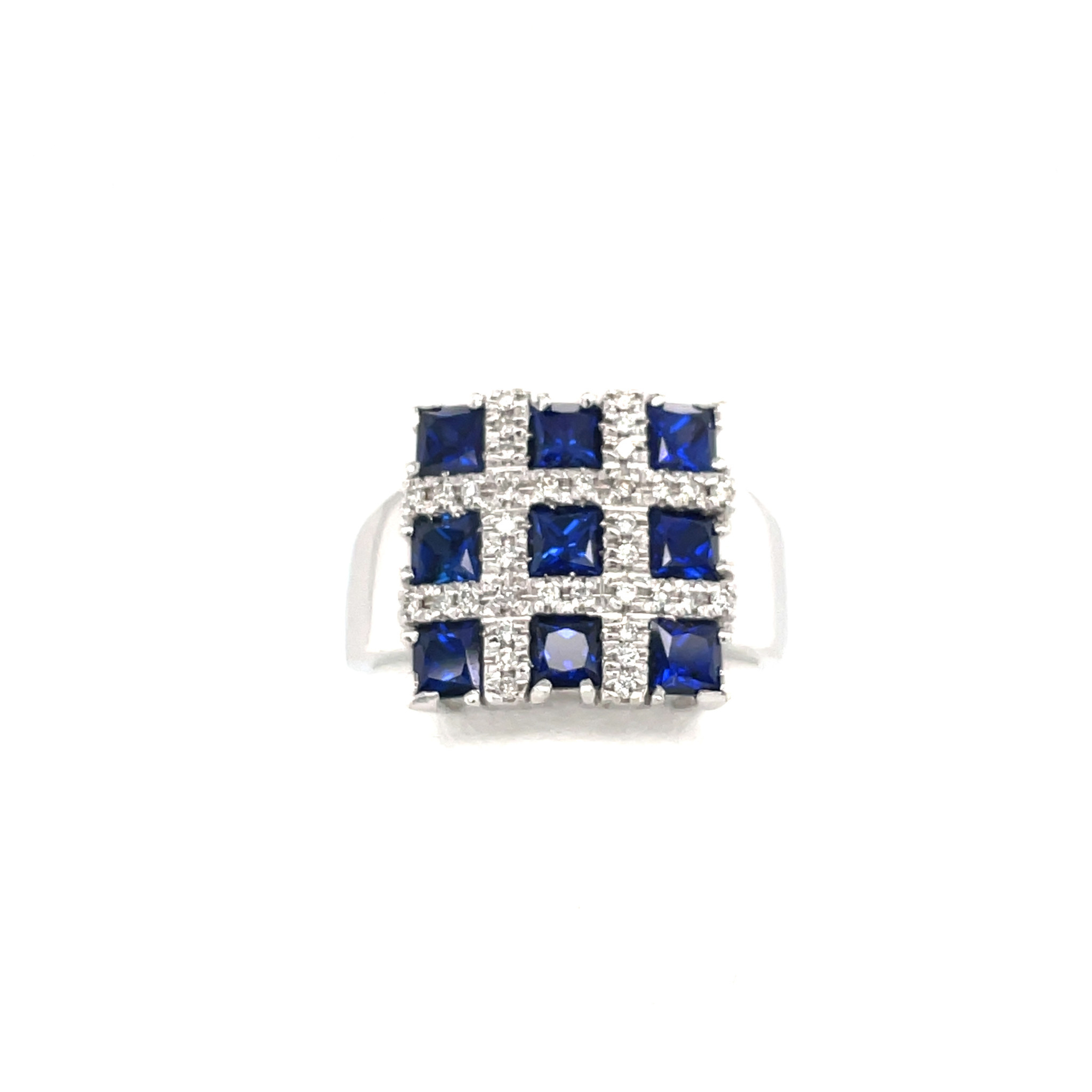 41152 18K WHITE GOLD .15TCW DIAMOND AND SAPPHIRE CHECKERED DESIGN RING