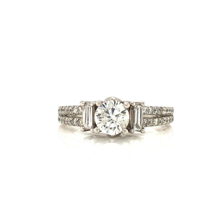 475079 14K WHITE GOLD .80TCW G I1 ROUND CENTER BAGUETTE AND DOUBLE ROW .48TCW DIAMOND ENGAGEMENT RING