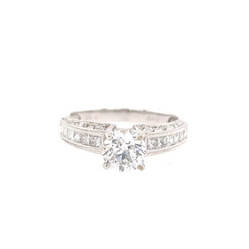 40703 14K WHITE GOLD 1.01CT H I1 ROUND CENTER PRINCESS CUT CHANNEL SET MILGRAIN DESIGN ENGAGEMENT RING