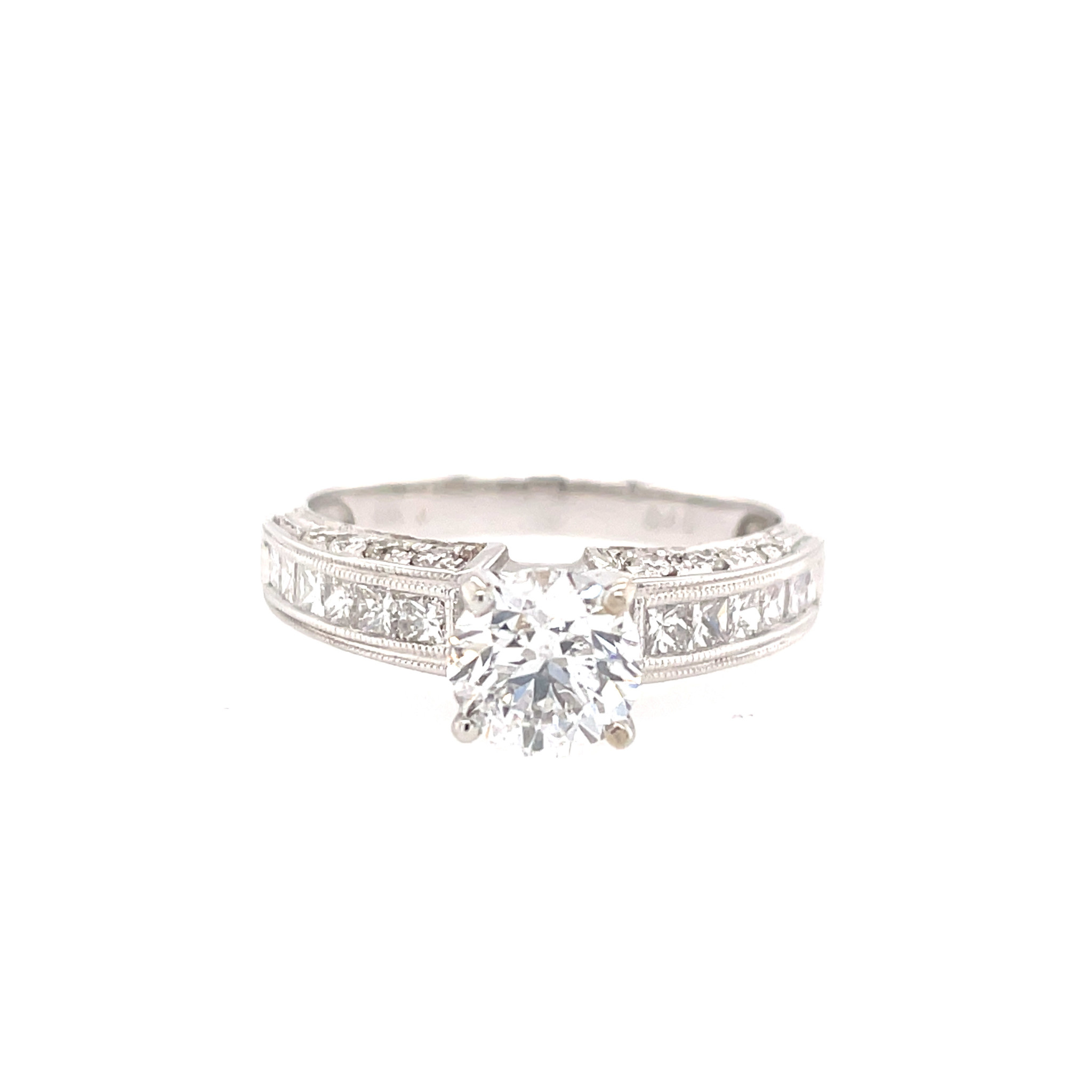 40703 14K WHITE GOLD 1.01CT H I1 ROUND CENTER PRINCESS CUT CHANNEL SET MILGRAIN DESIGN ENGAGEMENT RING