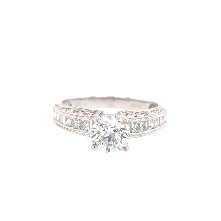40703 14K WHITE GOLD 1.01CT H I1 ROUND CENTER PRINCESS CUT CHANNEL SET MILGRAIN DESIGN ENGAGEMENT RING