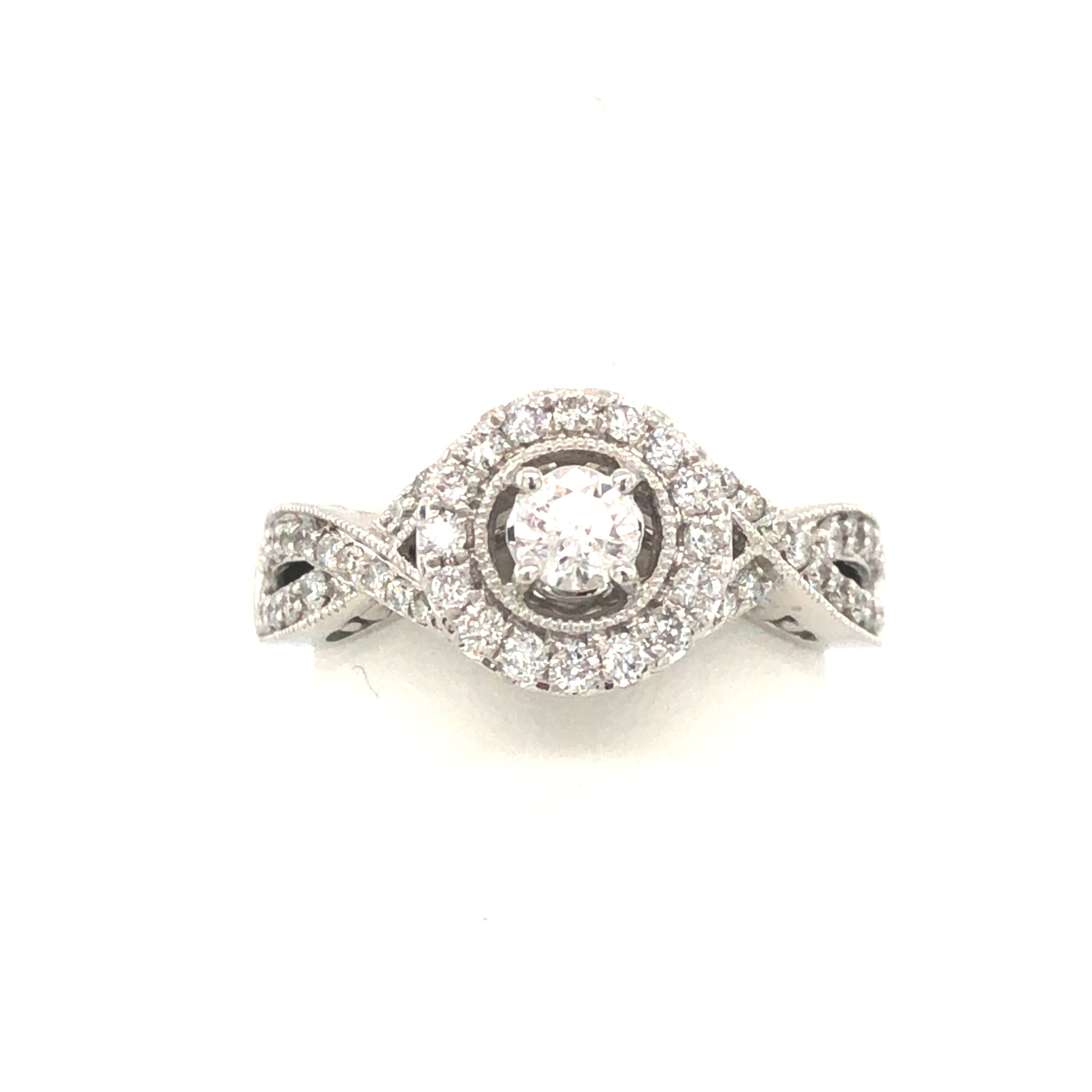 477679 10K WHITE GOLD ROUND DIAMOND CNETER WITH HALO AND DOUBLE TWIST SHANK ENGAGEMENT RING