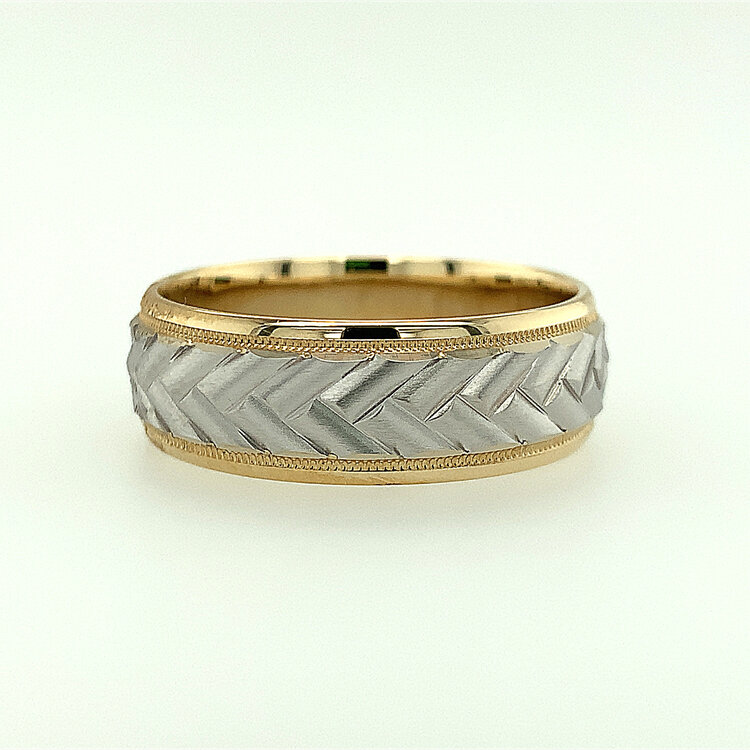 475032 14K TRUE TWO-TONE BRAIDED CENTER MILGRAIN EDGE MENS WEDDING BAND