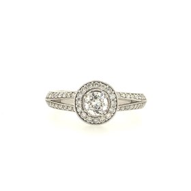 477975 18K WHITE GOLD MILGRAIN ANTIQUE DESIGN .67CT H SI1 ROUND CENTER HALO SPLIT SHANK ENGAGEMENT  RING