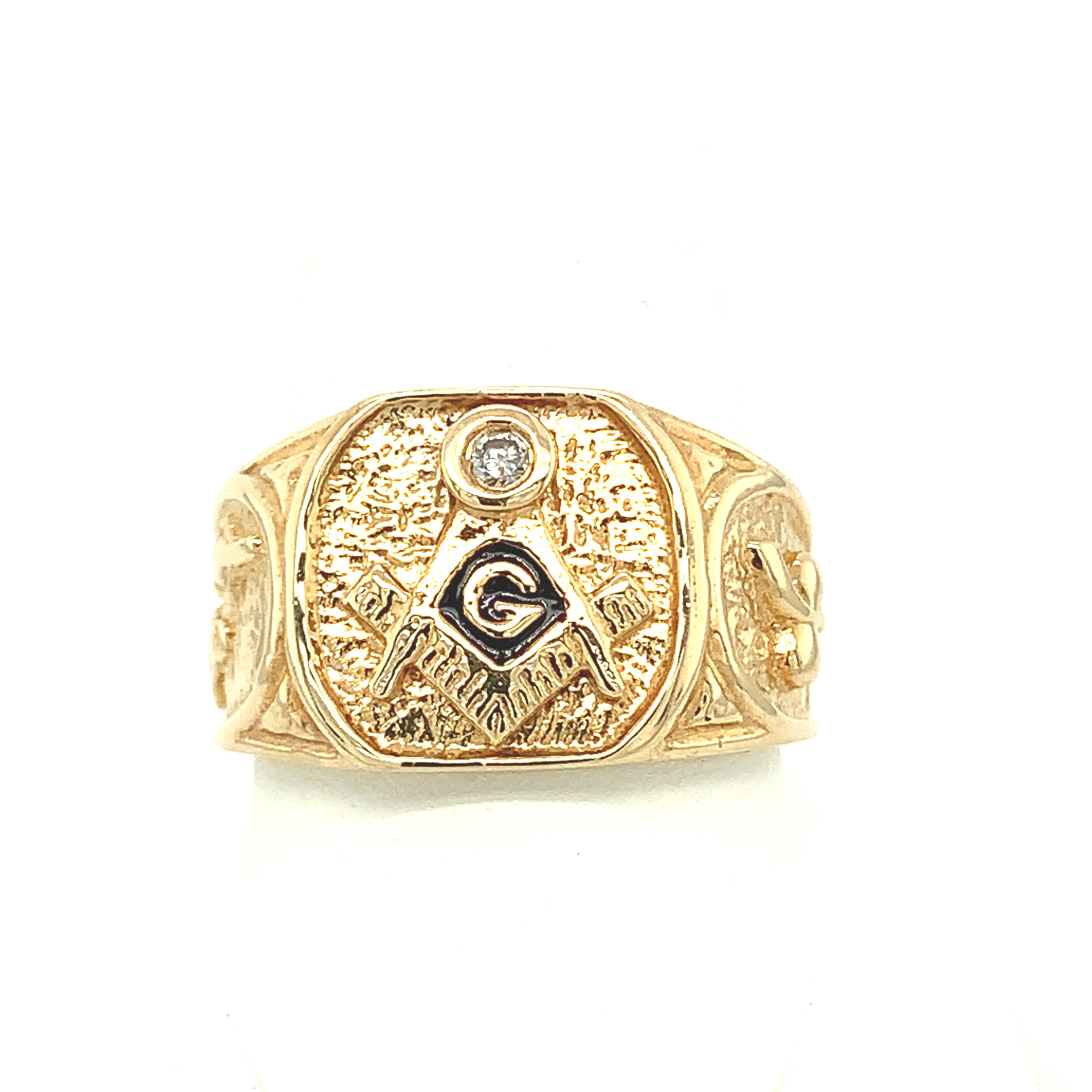 45144 14K YELLOW GOLD MASON RING WITH DIAMOND ON COMPASS AND THREE SYMBOLS