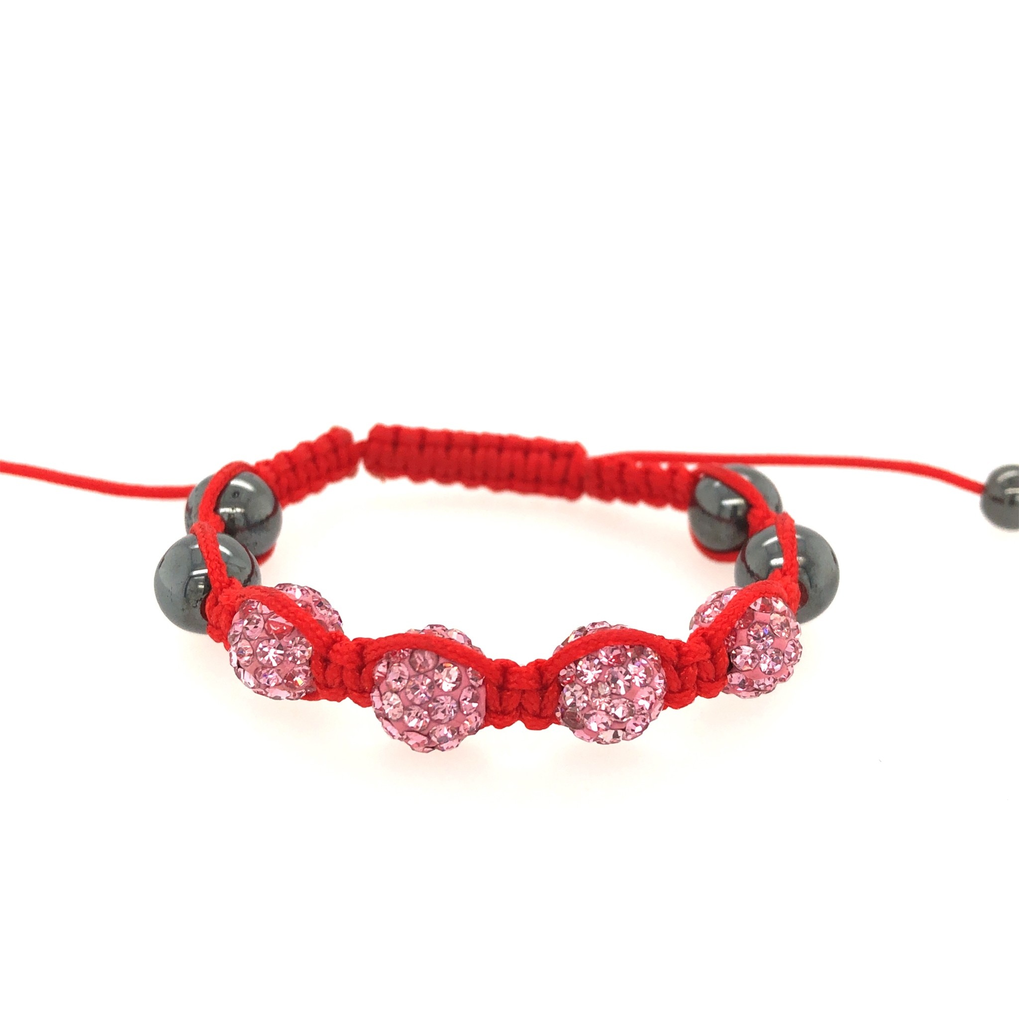 81118 ADJUSTABLE RED THREAD BLACK BEAD AND PINK CRYSTAL PAVE SET BEAD BABY BRACELET