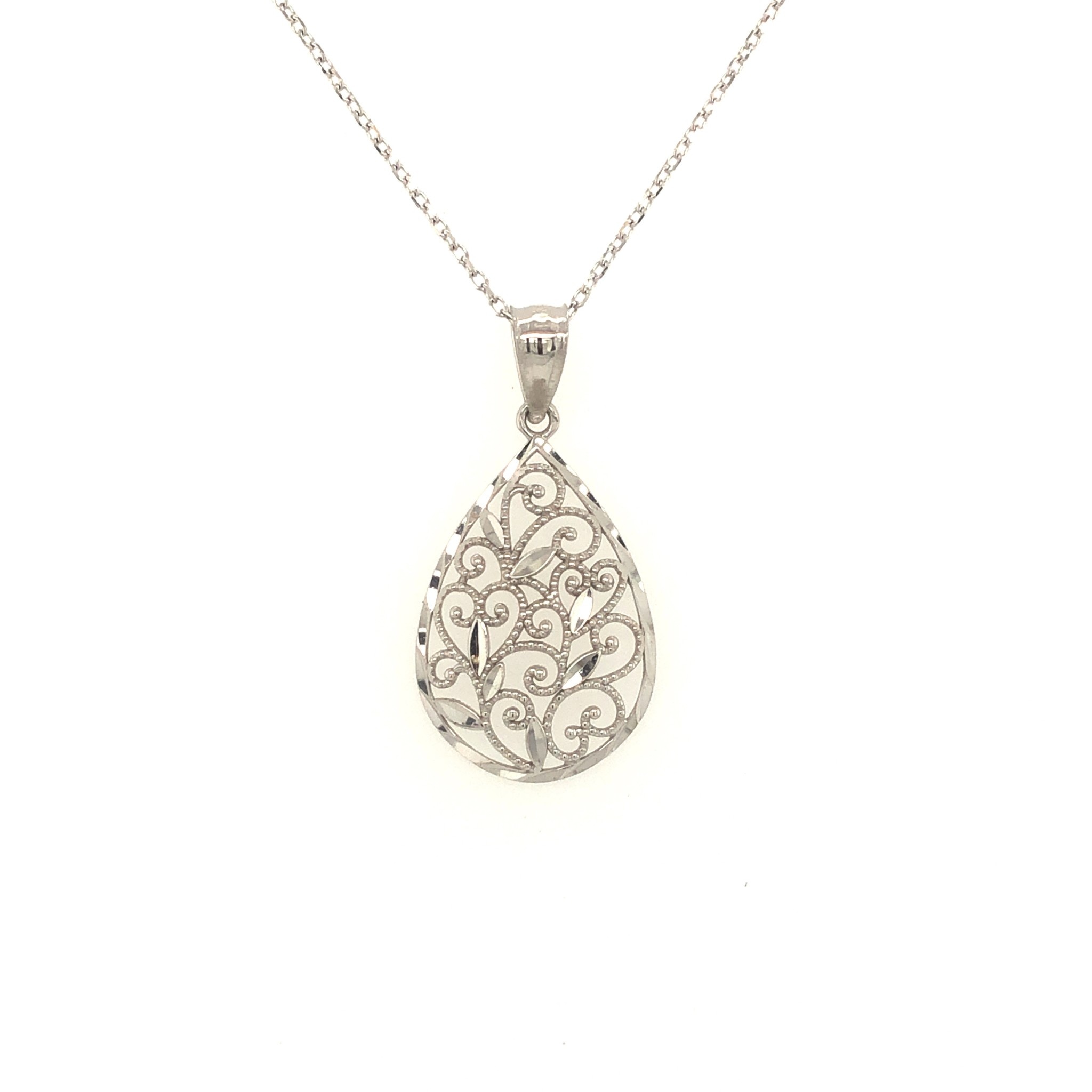 72786 14K WHITE GOLD DIAMOND CUT PEAR SHAPE FILIGREE DESIGN PENDANT SET