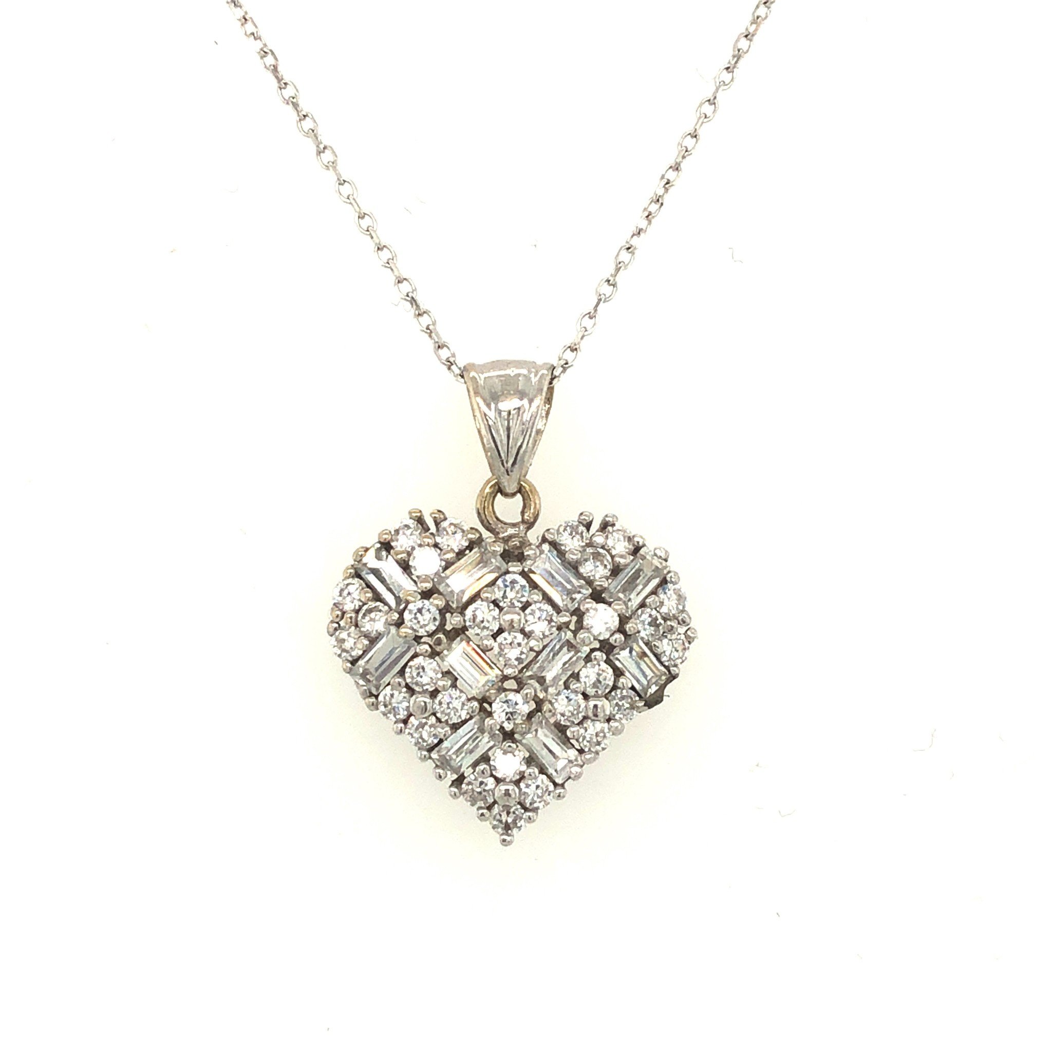 72793 14K WHITE GOLD ROUND AND BAGUETTE CUBIC ZIRCONIA CLUSTER HEART PENDANT SET
