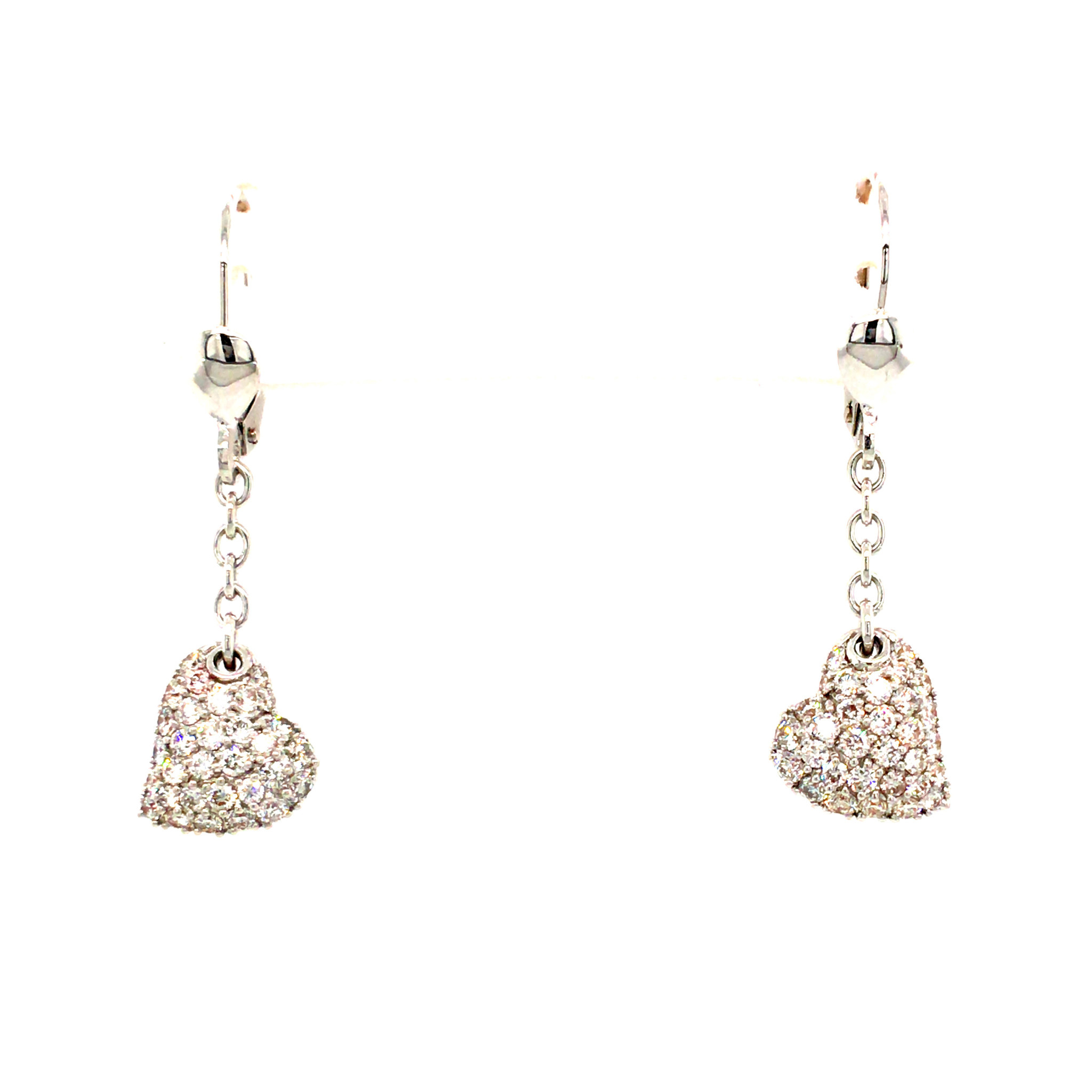 30067 18K WHITE GOLD .60TCW DIAMOND PAVE SET HANGING AND DANGLING HEART EARRINGS
