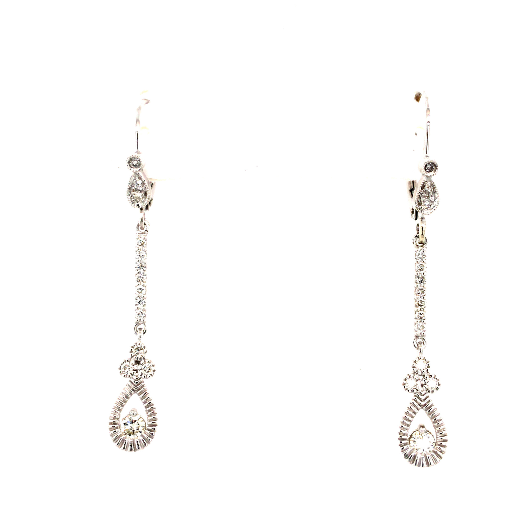 30056 14K WHITE GOLD LEVER BACKS WITH HANGING BAR WITH PEAR SHAPE FILIGREE EARRINGS