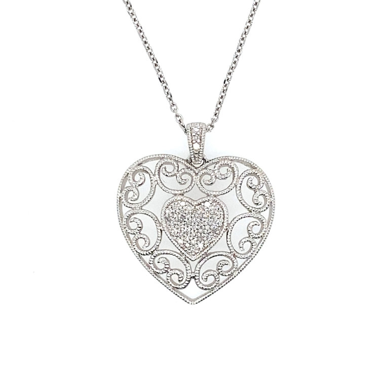 70900 14K WHITE GOLD .12TCW DIAMOND FILAGREE HEART PENDANT SET