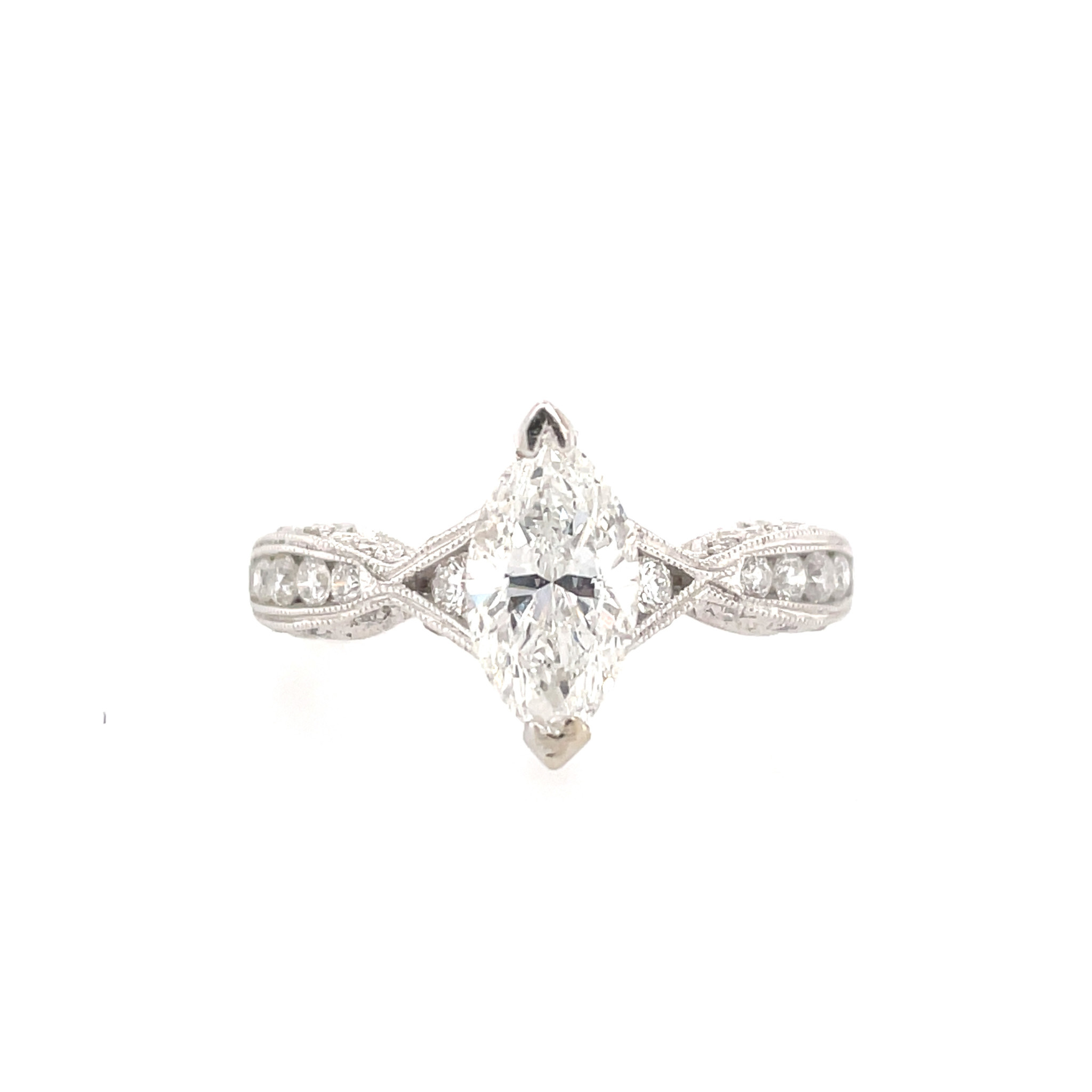 475268 14K WHITE GOLD MARQUIS 1.15CT J SI2 .38TCW DIAMOND MILGRAIN DESIGN ENGAGEMENT RING