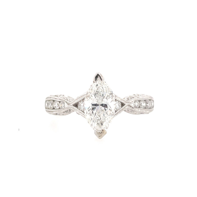 475268 14K WHITE GOLD MARQUIS 1.15CT J SI2 .38TCW DIAMOND MILGRAIN DESIGN ENGAGEMENT RING