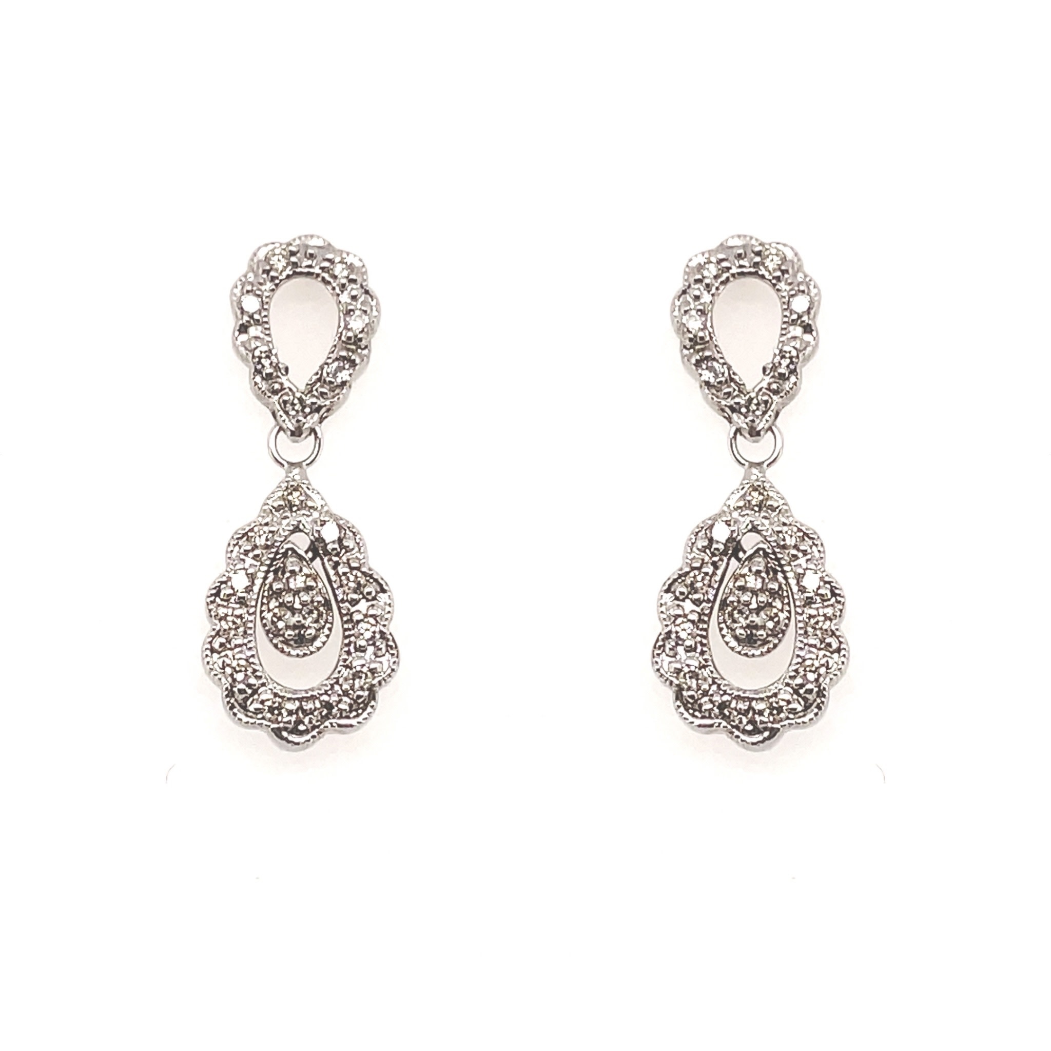 30442 14K WHITE GOLD .25TCW DIAMOND MILGRAIN ANTIQUE PEAR SHAPE DROP STUDS