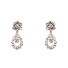 30443 14K WHITE GOLD .30TCW DIAMOND FLOWER BEZEL SET MILGRAIN ANTIQUE PEAR SHAPE DESIGN DROP STUDS