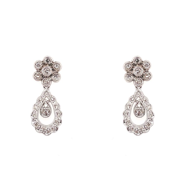 30443 14K WHITE GOLD .30TCW DIAMOND FLOWER BEZEL SET MILGRAIN ANTIQUE PEAR SHAPE DESIGN DROP STUDS
