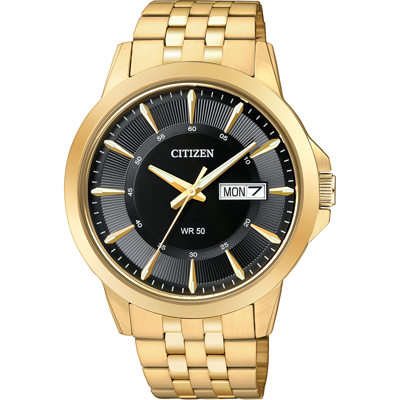 013205111310 CITIZEN GOLD TONE BLACK FACE HAND-DAY-DATE MENS WATCH