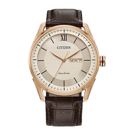 013205152054 CITIZEN QUARTZ ROSE GOLD TONE CLASSIC IVORY DIAL BROWN LEATHER BAND ECODRIVE MENS WATCH