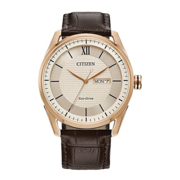 CITIZEN QUARTZ ROSE GOLD CLASSIC IVORY DIAL WITH BROWN LEATHER BAND ECODRIVE  MENS WATCH