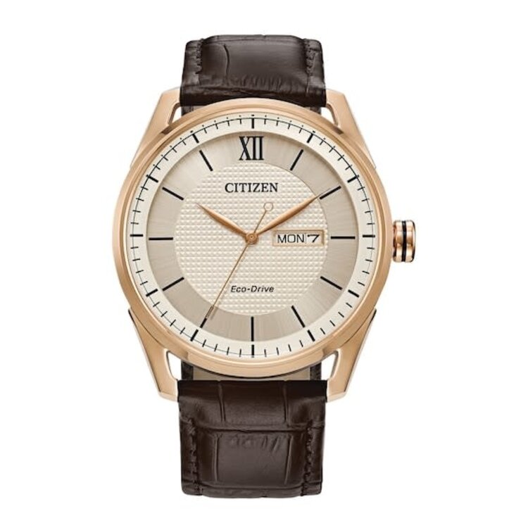 CITIZEN QUARTZ ROSE GOLD CLASSIC IVORY DIAL WITH BROWN LEATHER BAND ECODRIVE  MENS WATCH