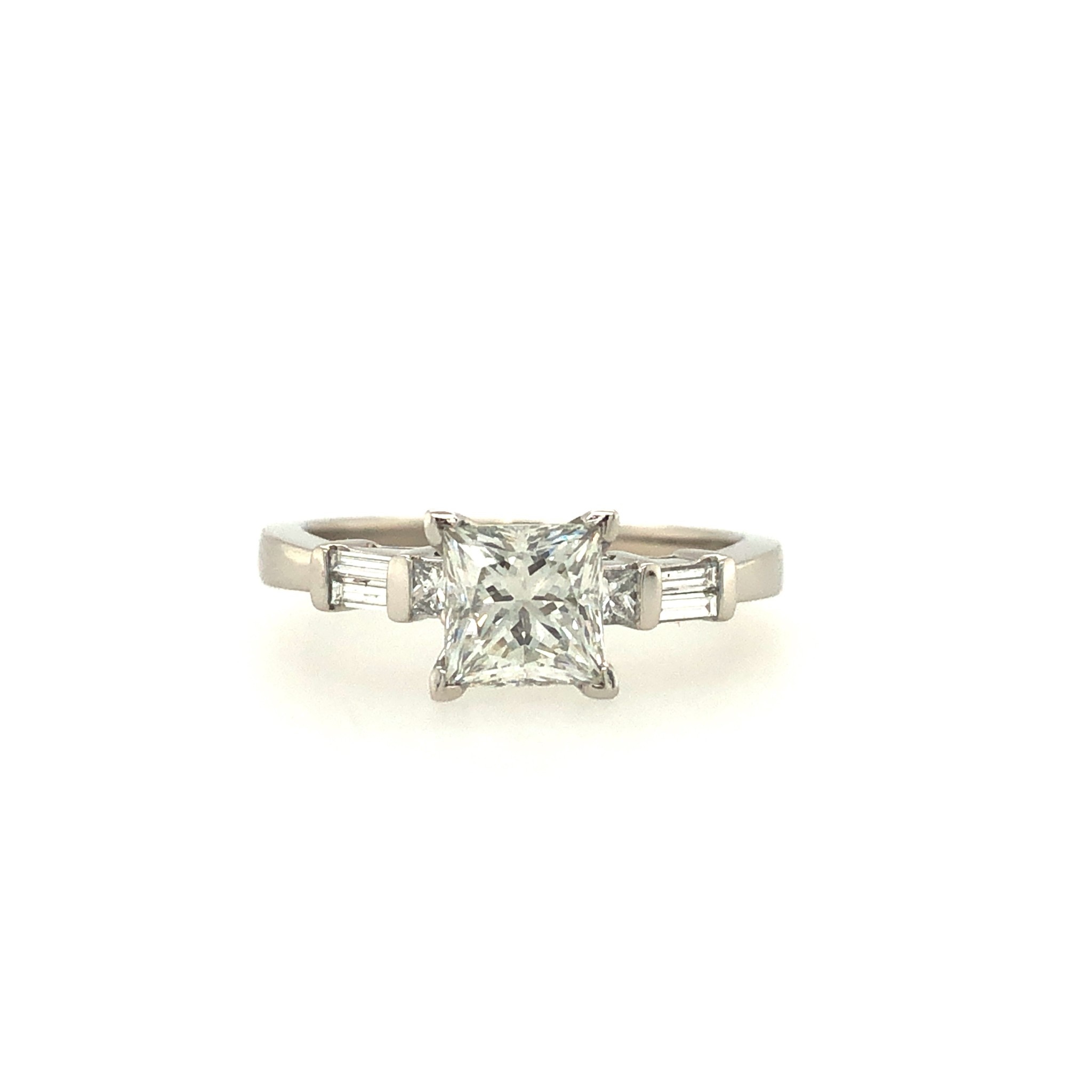 475082 PLATINUM 1.21CT G VS2 E.G.L. PRINCESS CUT DIAMOND WITH BAGUETTE AND SMALL SQUARE DIAMONDS ON EACH SIDE ENGAGEMENT RING