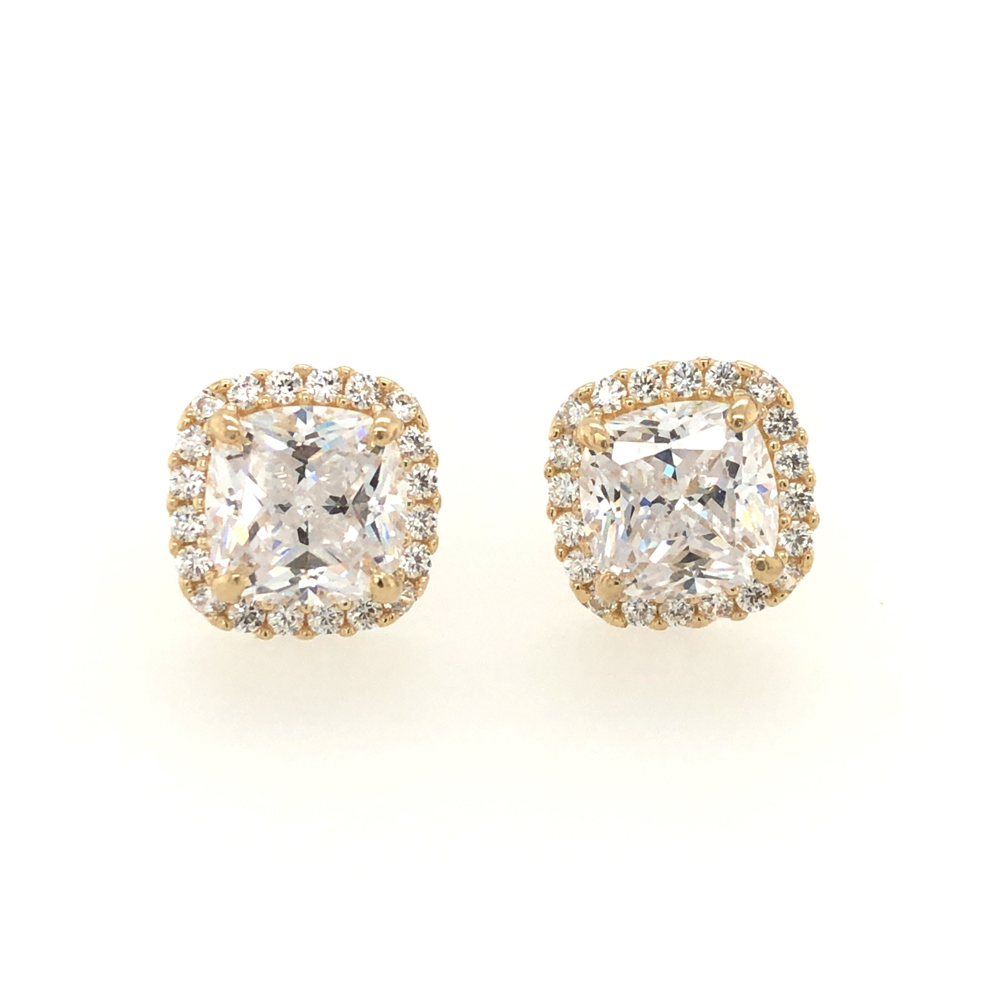 30446 14K YELLOW GOLD CUBIC ZIRCONIA 20MM PRINCESS CUT WITH HALO PUSH BACK STUDS