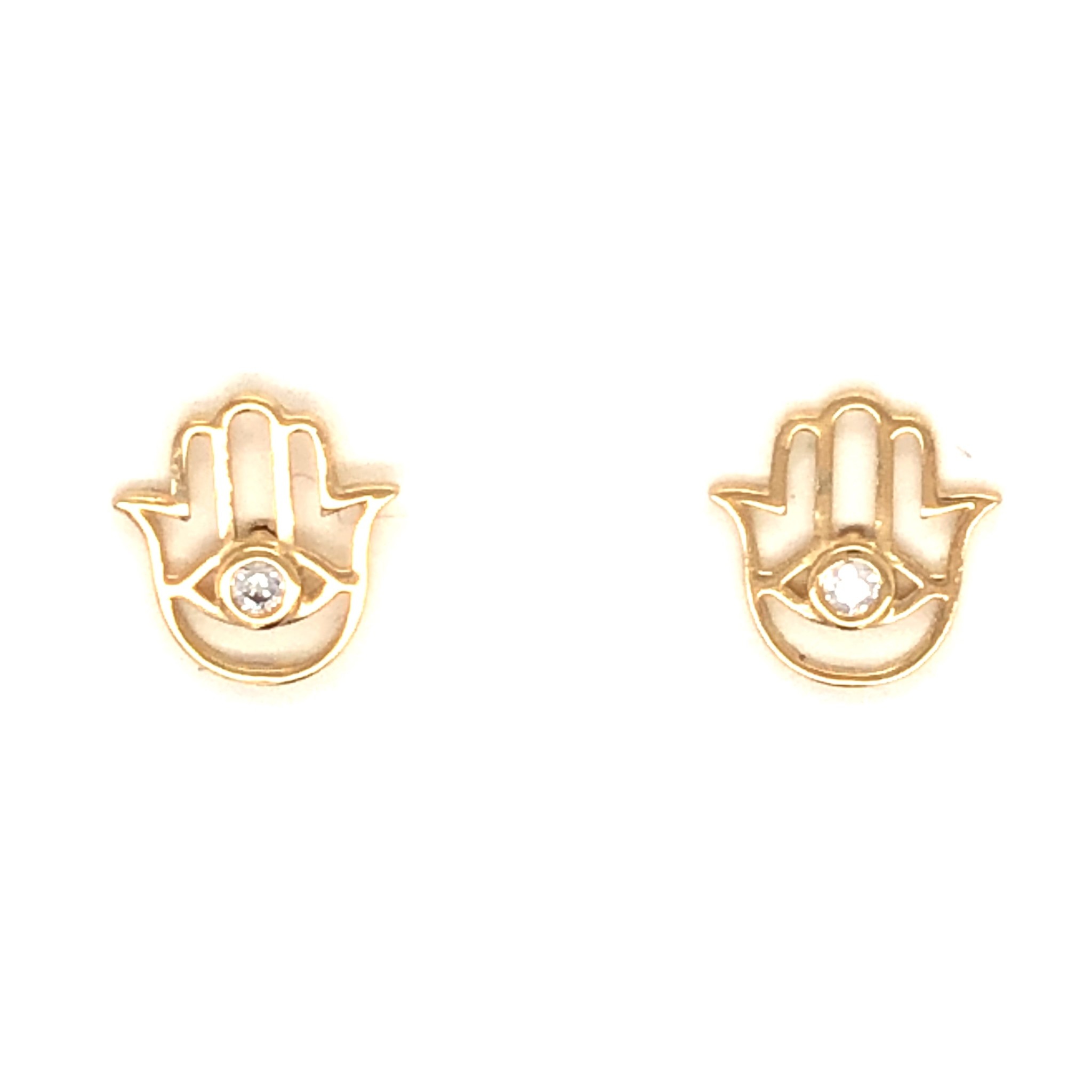 30459 14K YELLOW GOLD CUTOUT HAMSA EVI L EYE CUBIC ZIRCONIA CENTER STUDS