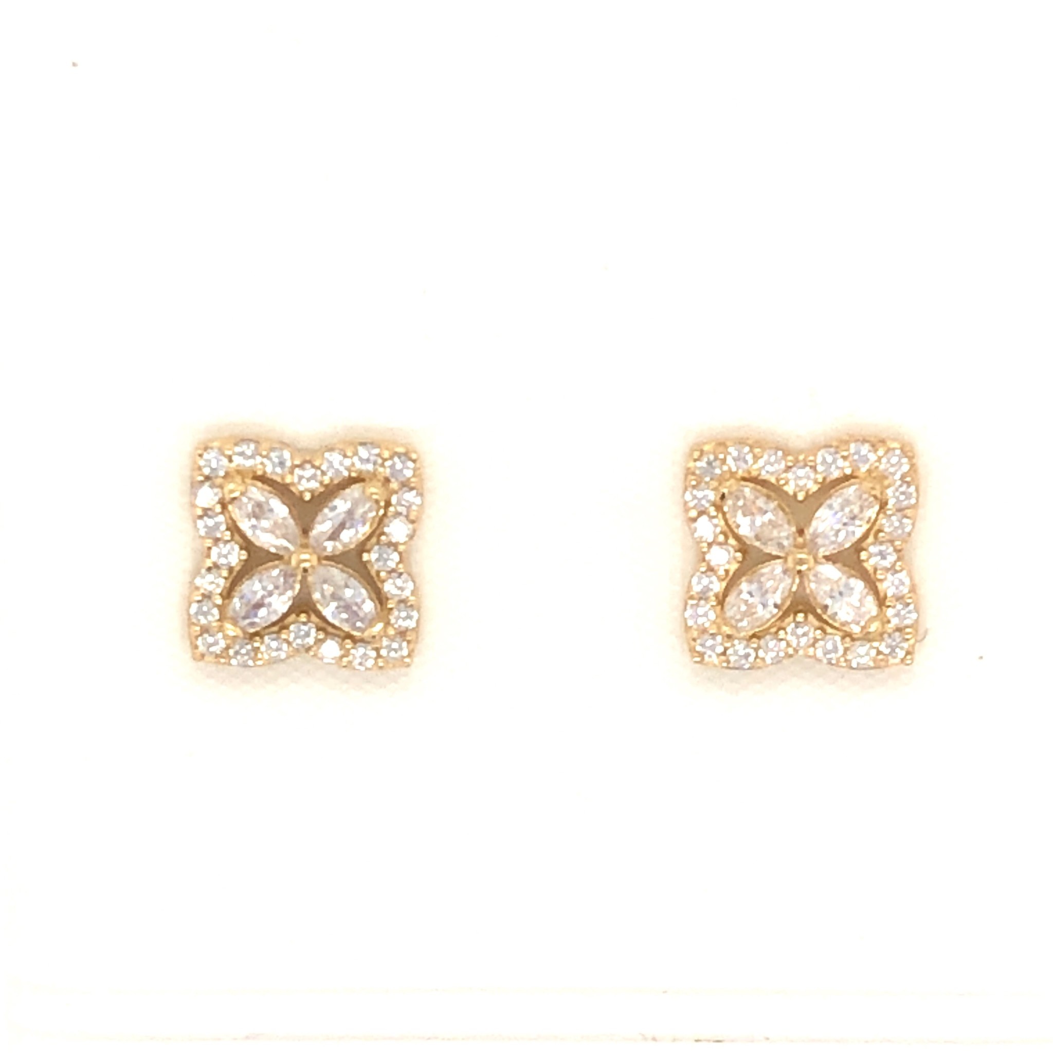 30458 14K YELLOW GOLD CUBIC ZIRCONIA 4 LEAF MARQUIS SHAPE FLORAL CENTER WITH HALO STUDS