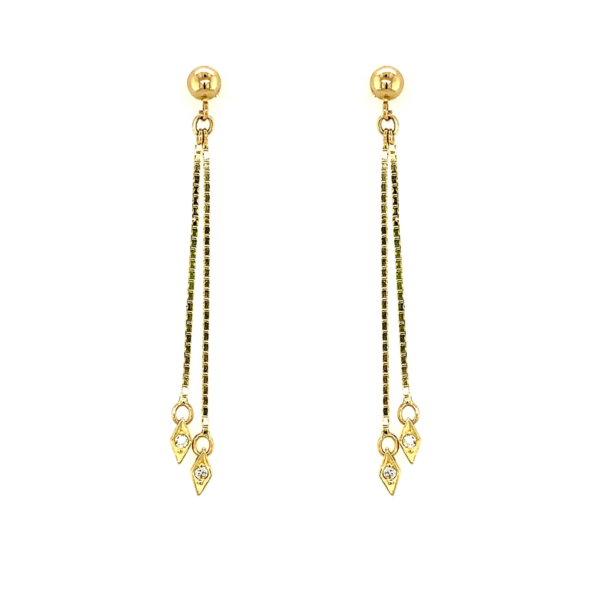30471 14K YELLOW GOLD DOUBLE BOX LINK THREAD AND RHOMBUS CYBIZ ZIRCONIA CHARMS HANGING STUDS